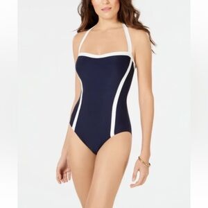 DKNY Colorblocked Halter One-Piece Swimsuit DI9MS632 Navy/ Ivory size 12 NWT